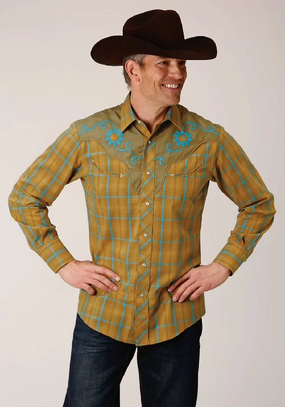 Men's Distressed Denim Casual Shirts with Frayed Edges for a Trendy and Rugged LookRoper Mens Butterscotch Plaid Yellow Cotton Blend L/S Shirt Men's Distressed Denim Casual Shirts with Frayed Edges for a Trendy and Rugged LookRoper Mens Butterscotch Plaid Yellow Cotton Blend L/S Shirt