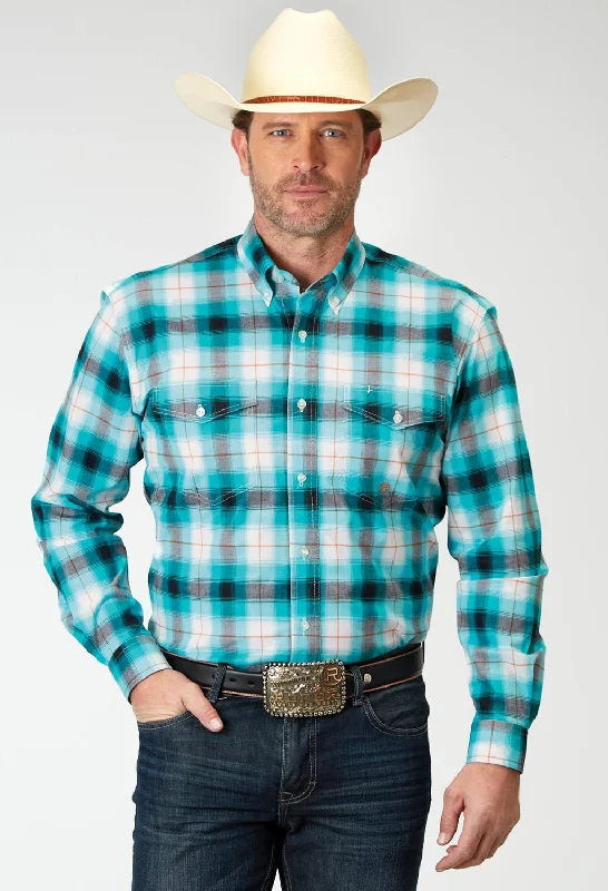 Men's Sustainable Recycled Material Casual Shirts for Eco - Conscious ConsumersRoper Mens Poplin Plaid Turquoise Cotton Blend L/S Shirt Men's Sustainable Recycled Material Casual Shirts for Eco - Conscious ConsumersRoper Mens Poplin Plaid Turquoise Cotton Blend L/S Shirt