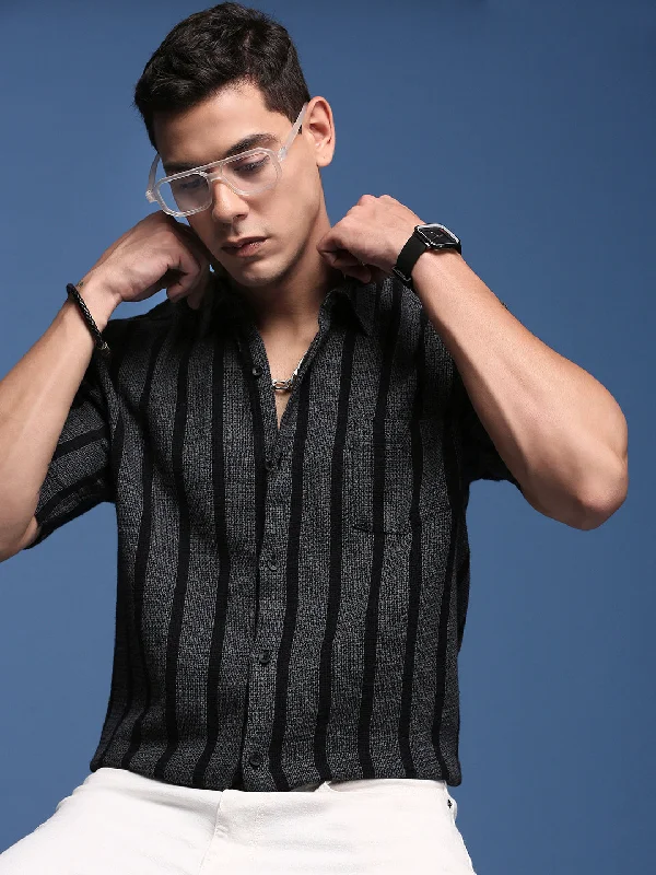 Men's Moisture - Wicking Performance Fabric Casual Shirts for Outdoor ActivitiesMen Striped Charcoal Slim Fit Shirt Men's Moisture - Wicking Performance Fabric Casual Shirts for Outdoor ActivitiesMen Striped Charcoal Slim Fit Shirt