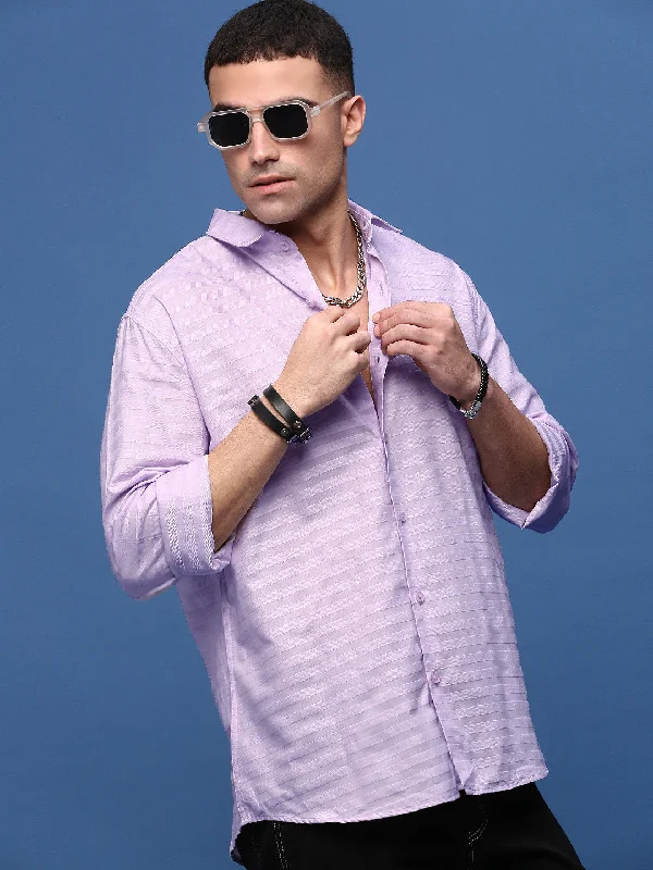 Men's Distressed Denim Casual Shirts with Frayed Edges for a Trendy and Rugged LookMen Lavender Slim Fit Striped Shirt