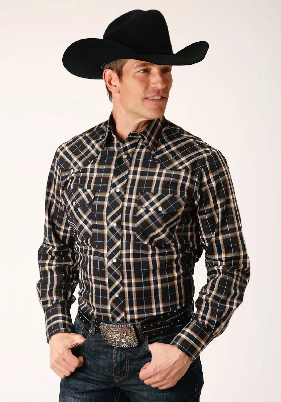 Plus Size Men's Plaid Flannel Casual Shirts in Earth Tones for a Cozy Fall OutfitRoper Mens 1711 Tall Plaid Navy/Gold Cotton Blend L/S Shirt