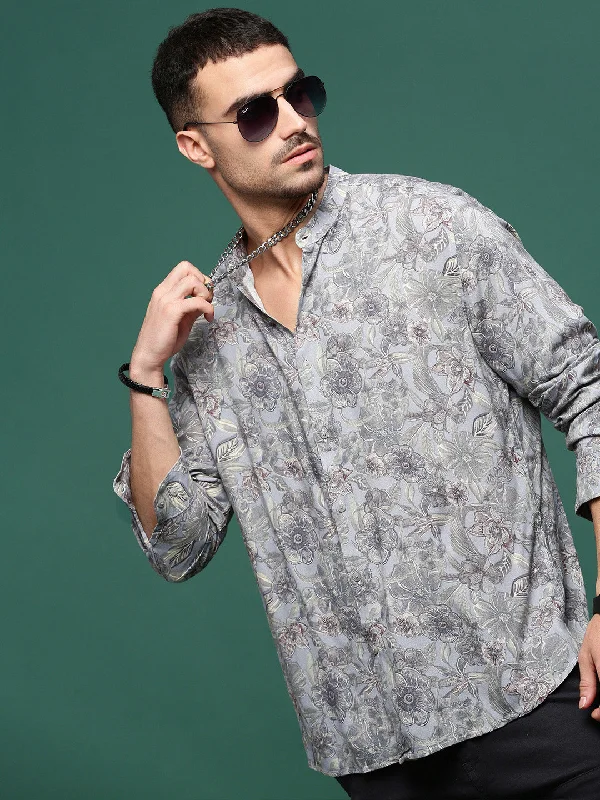 Men's Organic Cotton Casual Shirts with a Soft Handfeel for Everyday ComfortMen Grey Floral Slim Fit Shirt Men's Organic Cotton Casual Shirts with a Soft Handfeel for Everyday ComfortMen Grey Floral Slim Fit Shirt