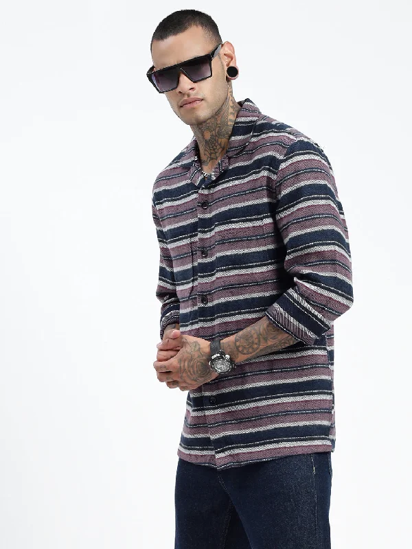 Men's Stretch - Fabric Casual Shirts in Navy Blue for a Comfortable and Flexible FitMen Striped Navy Blue Shacket Men's Stretch - Fabric Casual Shirts in Navy Blue for a Comfortable and Flexible FitMen Striped Navy Blue Shacket