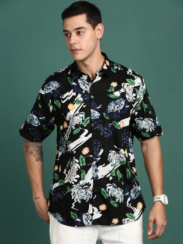 Men's Linen Blend Casual Shirts with Roll - Up Sleeves for a Summer Beach LookMen Floral Black Slim Fit Shirt