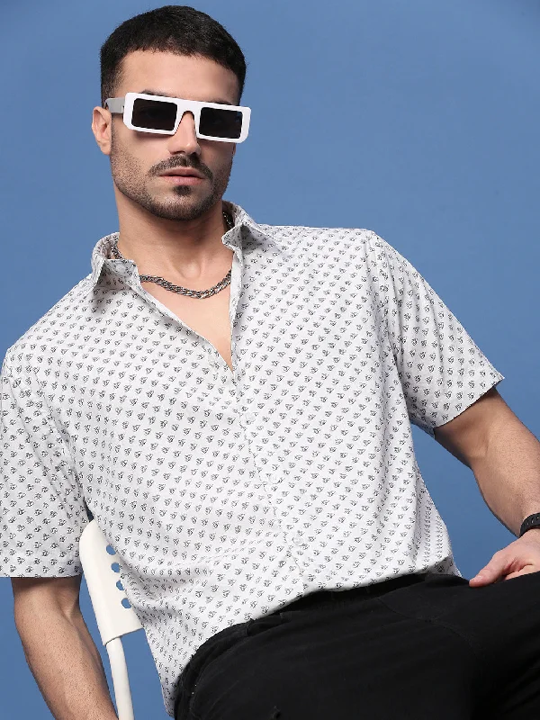 Men's Organic Cotton Casual Shirts with a Soft Handfeel for Everyday ComfortMen White Graphic Slim Fit Shirt Men's Organic Cotton Casual Shirts with a Soft Handfeel for Everyday ComfortMen White Graphic Slim Fit Shirt