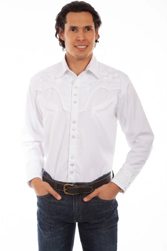 Plus Size Men's Striped Chambray Casual Shirts with a Spread Collar for a Preppy AppearanceScully Mens White Poly/Rayon Tooled Floral L/S Shirt Plus Size Men's Striped Chambray Casual Shirts with a Spread Collar for a Preppy AppearanceScully Mens White Poly/Rayon Tooled Floral L/S Shirt
