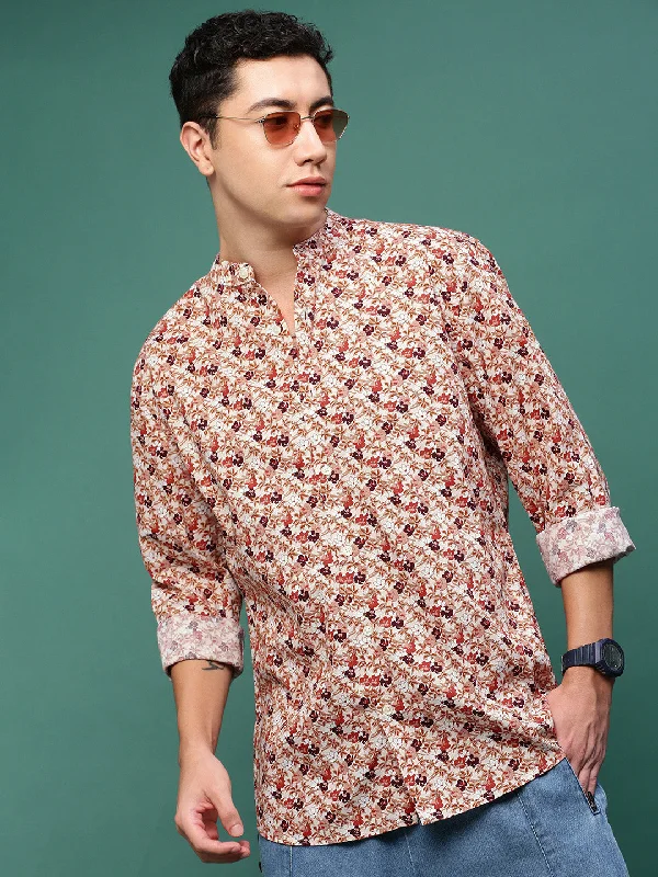 Men's Linen Blend Casual Shirts with Roll - Up Sleeves for a Summer Beach LookMen Brown Floral Slim Fit Shirt Men's Linen Blend Casual Shirts with Roll - Up Sleeves for a Summer Beach LookMen Brown Floral Slim Fit Shirt