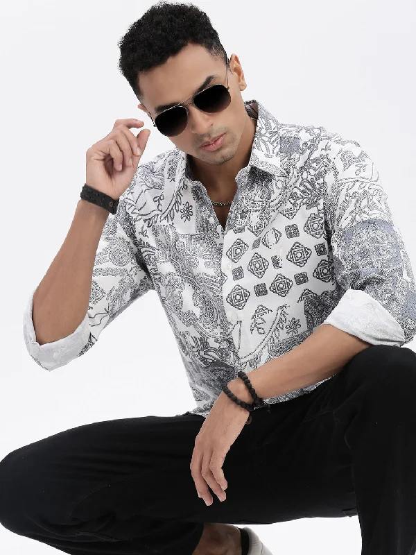 Men's Linen Blend Casual Shirts with Roll - Up Sleeves for a Summer Beach LookMen White Graphic Slim Fit Shirt Men's Linen Blend Casual Shirts with Roll - Up Sleeves for a Summer Beach LookMen White Graphic Slim Fit Shirt