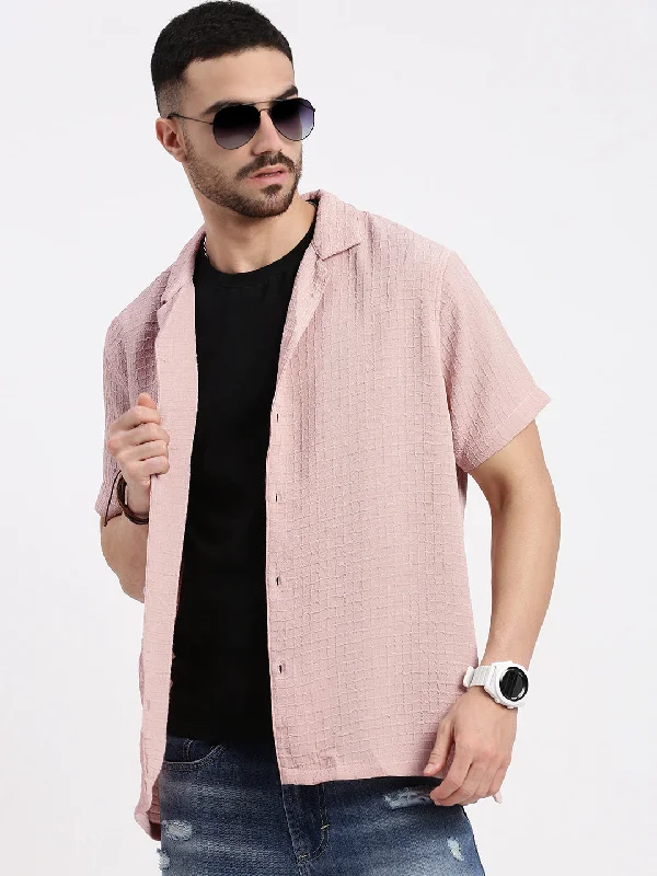 Men's Wrinkle - Resistant Polyester Blend Casual Shirts for Easy Travel and MaintenanceMen Peach Cuban Collar Solid Shirt