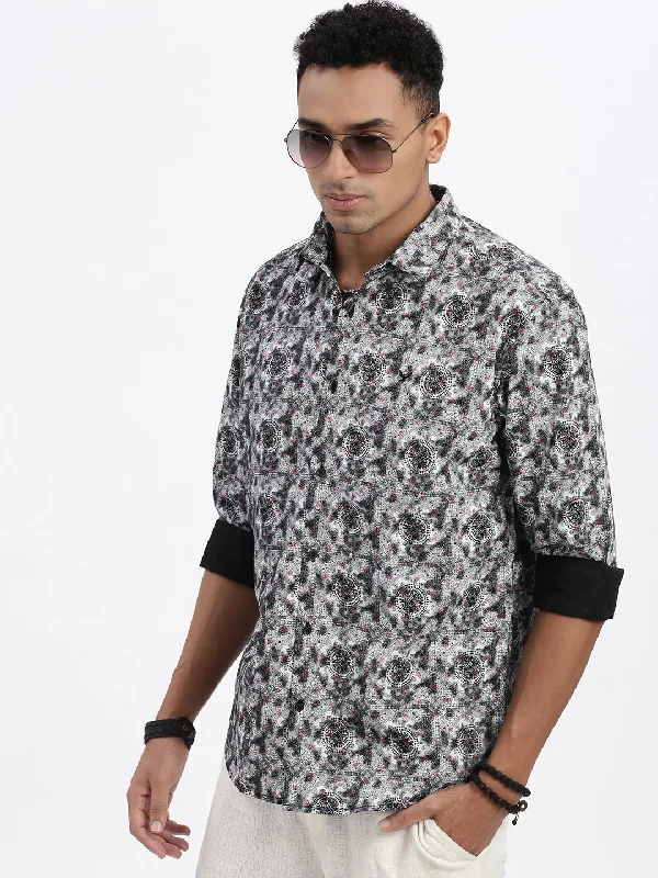 Men's Two - Tone Contrast Panel Casual Shirts in White and Navy for a Stylish and Eye - Catching DesignMen Grey Graphic Slim Fit Shirt Men's Two - Tone Contrast Panel Casual Shirts in White and Navy for a Stylish and Eye - Catching DesignMen Grey Graphic Slim Fit Shirt