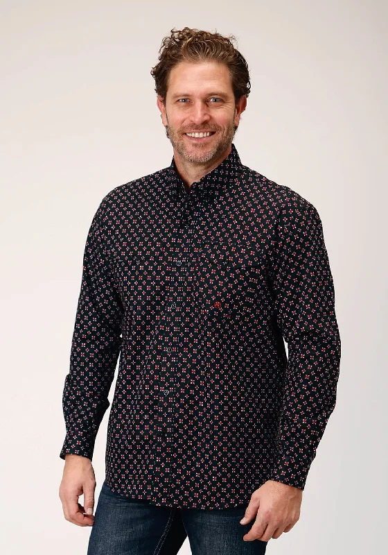 Men's Two - Tone Contrast Panel Casual Shirts in White and Navy for a Stylish and Eye - Catching DesignRoper Mens Cottage Foulard Black 100% Cotton L/S Shirt Men's Two - Tone Contrast Panel Casual Shirts in White and Navy for a Stylish and Eye - Catching DesignRoper Mens Cottage Foulard Black 100% Cotton L/S Shirt