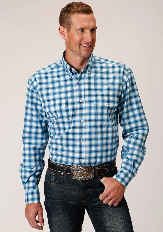 Men's Graphic - Printed Casual Shirts with Pop - Culture References for a Fun and Stylish LookRoper Mens Blue Cotton Blend Stretch Check BD L/S Button Shirt Men's Graphic - Printed Casual Shirts with Pop - Culture References for a Fun and Stylish LookRoper Mens Blue Cotton Blend Stretch Check BD L/S Button Shirt