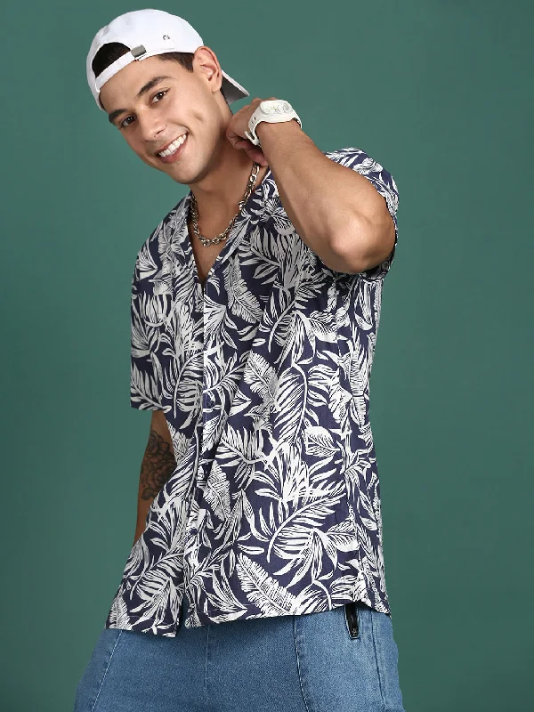 Men's Sustainable Recycled Material Casual Shirts for Eco - Conscious ConsumersMen Cuban Collar Floral Navy Blue Relaxed Fit Shirt Men's Sustainable Recycled Material Casual Shirts for Eco - Conscious ConsumersMen Cuban Collar Floral Navy Blue Relaxed Fit Shirt