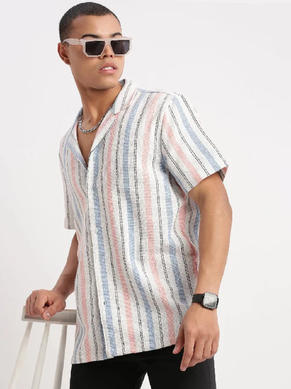 Men's Retro - Style Hawaiian Print Casual Shirts in Bold Patterns for a Tropical VacationMen Cuban Collar Vertical Stripes White Shirt Men's Retro - Style Hawaiian Print Casual Shirts in Bold Patterns for a Tropical VacationMen Cuban Collar Vertical Stripes White Shirt