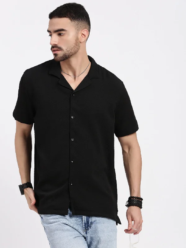 Men's Slim - Fit Printed Floral Casual Shirts in Pastel Colors for a Spring - Inspired VibeMen Black Cuban Collar Solid Shirt Men's Slim - Fit Printed Floral Casual Shirts in Pastel Colors for a Spring - Inspired VibeMen Black Cuban Collar Solid Shirt