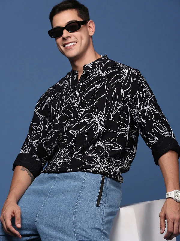 Men's Wrinkle - Resistant Polyester Blend Casual Shirts for Easy Travel and MaintenanceMen Mandarin Collar Floral Black Slim Fit Shirt Men's Wrinkle - Resistant Polyester Blend Casual Shirts for Easy Travel and MaintenanceMen Mandarin Collar Floral Black Slim Fit Shirt