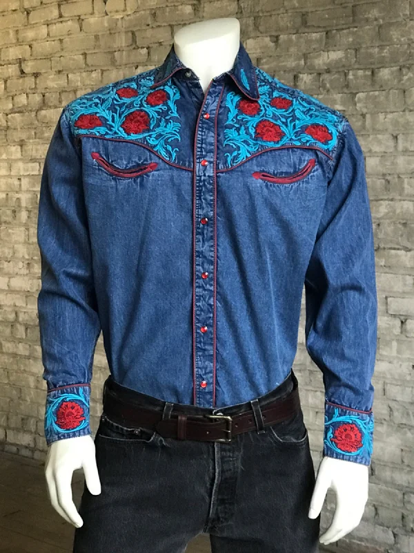 Men's Wrinkle - Resistant Polyester Blend Casual Shirts for Easy Travel and MaintenanceRockmount Mens Denim 100% Cotton Red Floral Turquoise Western L/S Shirt Men's Wrinkle - Resistant Polyester Blend Casual Shirts for Easy Travel and MaintenanceRockmount Mens Denim 100% Cotton Red Floral Turquoise Western L/S Shirt