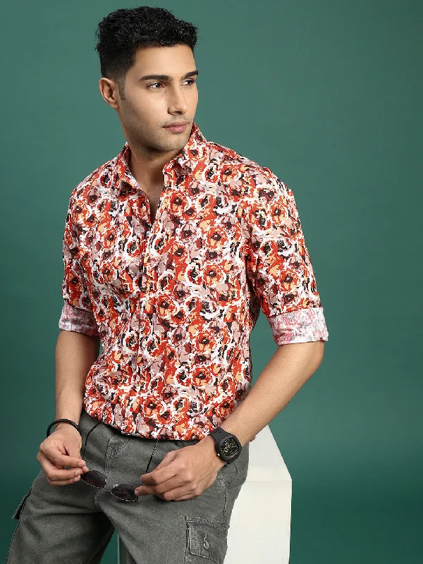 Plus Size Men's Striped Chambray Casual Shirts with a Spread Collar for a Preppy AppearanceMen Floral Orange Slim Fit Shirt Plus Size Men's Striped Chambray Casual Shirts with a Spread Collar for a Preppy AppearanceMen Floral Orange Slim Fit Shirt