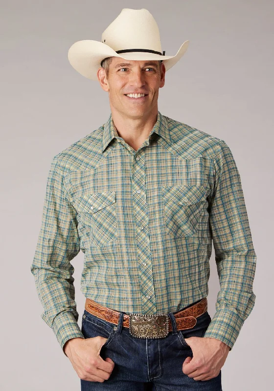 Men's Slim - Fit Printed Floral Casual Shirts in Pastel Colors for a Spring - Inspired VibeRoper Mens 2075 Plaid Cream/Teal Cotton Blend L/S Shirt Men's Slim - Fit Printed Floral Casual Shirts in Pastel Colors for a Spring - Inspired VibeRoper Mens 2075 Plaid Cream/Teal Cotton Blend L/S Shirt