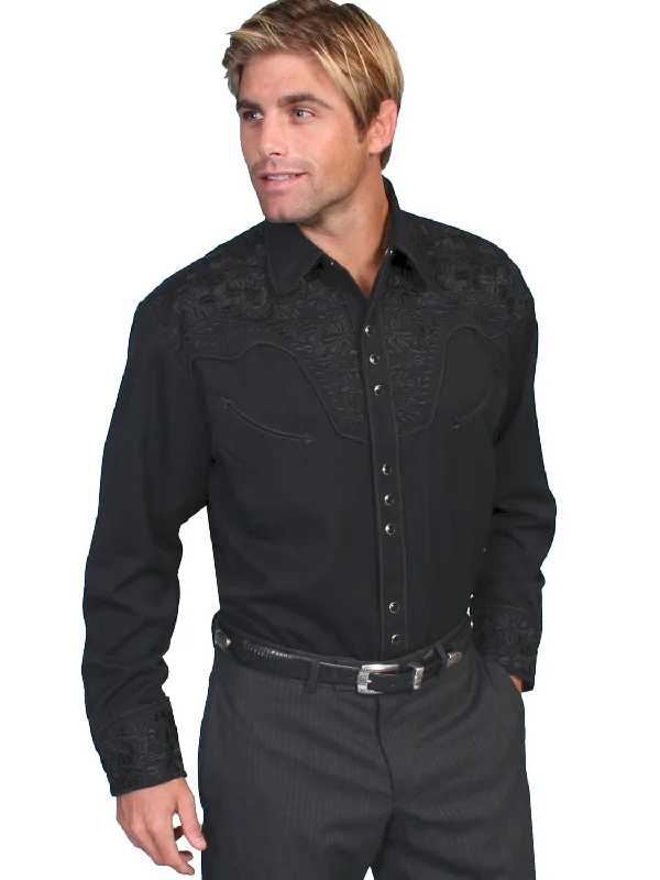 Men's Wrinkle - Resistant Polyester Blend Casual Shirts for Easy Travel and MaintenanceScully Mens Jet Black Poly/Rayon Tooled Floral L/S Shirt Men's Wrinkle - Resistant Polyester Blend Casual Shirts for Easy Travel and MaintenanceScully Mens Jet Black Poly/Rayon Tooled Floral L/S Shirt