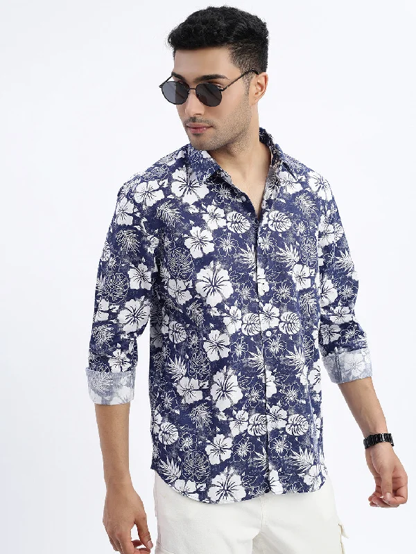 Men's Moisture - Wicking Performance Fabric Casual Shirts for Outdoor ActivitiesMen Navy Blue Floral Slim Fit Shirt Men's Moisture - Wicking Performance Fabric Casual Shirts for Outdoor ActivitiesMen Navy Blue Floral Slim Fit Shirt