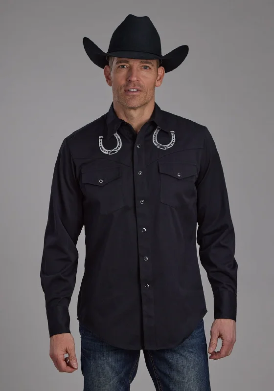 Men's Thermal - Lined Casual Shirts in Black for Added Warmth in Cold WeatherRoper Mens Horseshoes Western Black Poly/Rayon L/S Shirt Men's Thermal - Lined Casual Shirts in Black for Added Warmth in Cold WeatherRoper Mens Horseshoes Western Black Poly/Rayon L/S Shirt