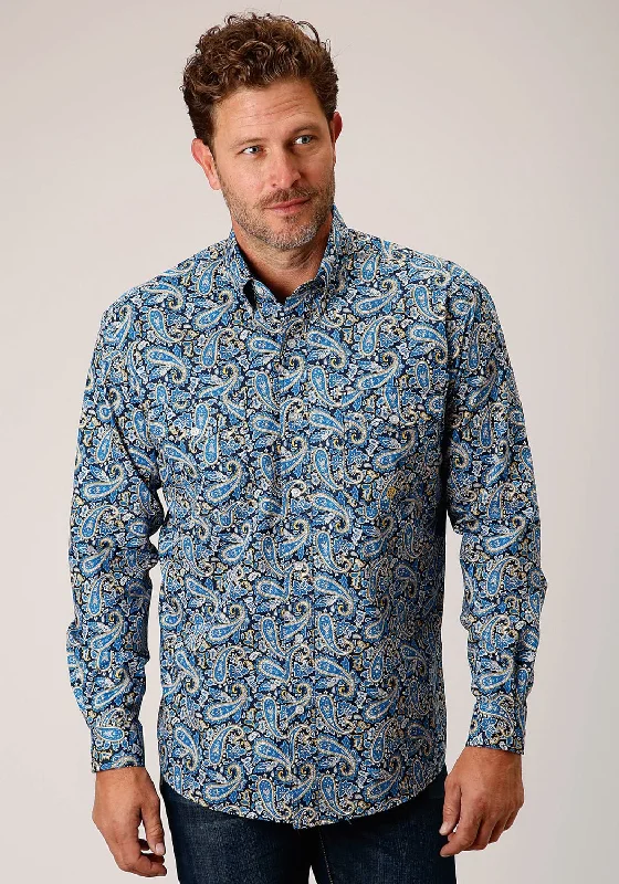 Men's Embroidered Detail Casual Shirts in Beige for a Touch of EleganceRoper Mens Amarillo Paisley Blue 100% Cotton L/S Shirt Men's Embroidered Detail Casual Shirts in Beige for a Touch of EleganceRoper Mens Amarillo Paisley Blue 100% Cotton L/S Shirt