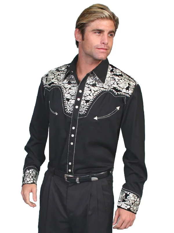 Men's Embroidered Detail Casual Shirts in Beige for a Touch of EleganceScully Mens Floral Tooled Embroidery Silver Poly/Rayon L/S Shirt Men's Embroidered Detail Casual Shirts in Beige for a Touch of EleganceScully Mens Floral Tooled Embroidery Silver Poly/Rayon L/S Shirt
