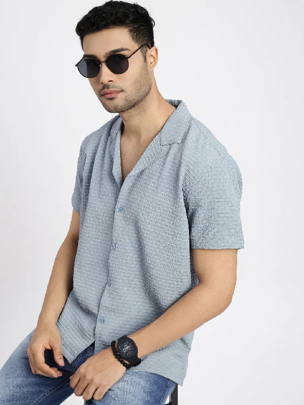 Men's Sustainable Recycled Material Casual Shirts for Eco - Conscious ConsumersMen Blue Cuban Collar Solid Shirt Men's Sustainable Recycled Material Casual Shirts for Eco - Conscious ConsumersMen Blue Cuban Collar Solid Shirt