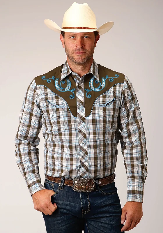 Men's Retro - Style Hawaiian Print Casual Shirts in Bold Patterns for a Tropical VacationRoper Mens Fancy Yoke Horseshoe Brown/White Cotton Blend L/S Shirt Men's Retro - Style Hawaiian Print Casual Shirts in Bold Patterns for a Tropical VacationRoper Mens Fancy Yoke Horseshoe Brown/White Cotton Blend L/S Shirt
