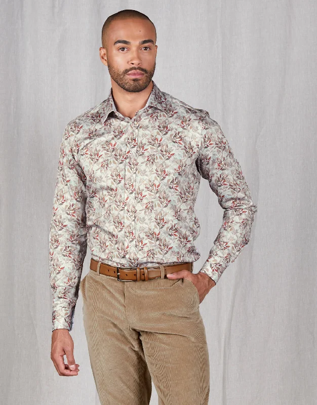 Men's Short - Sleeve Linen Casual Shirts in Light Khaki for a Breathable Summer OptionBarbican Beige & Red Leaf Print Shirt