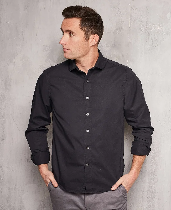 Men's Distressed Denim Casual Shirts with Frayed Edges for a Trendy and Rugged LookBlack Twill Slim Fit Shirt in Shorter Length Men's Distressed Denim Casual Shirts with Frayed Edges for a Trendy and Rugged LookBlack Twill Slim Fit Shirt in Shorter Length