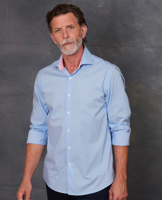Plus Size Men's Striped Chambray Casual Shirts with a Spread Collar for a Preppy AppearanceBlue Dobby Slim Fit Smart-Casual Shirt - Single Cuff Plus Size Men's Striped Chambray Casual Shirts with a Spread Collar for a Preppy AppearanceBlue Dobby Slim Fit Smart-Casual Shirt - Single Cuff