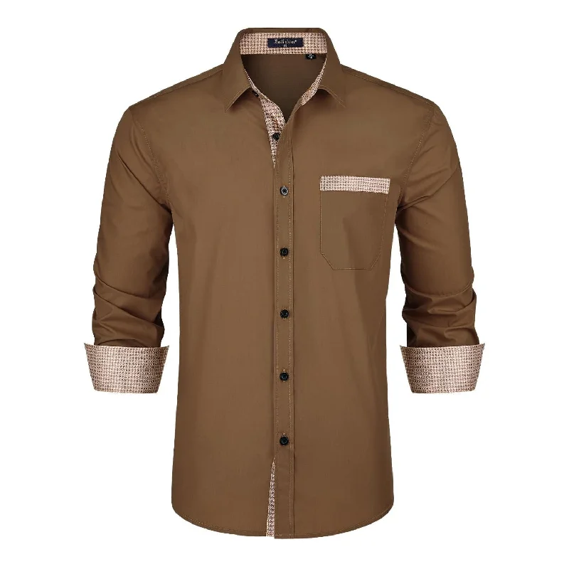 Men's Long - Tail Dress Shirts in Olive Green for Tucking into Trousers NeatlyCasual Formal Shirt with Pocket - BROWN Men's Long - Tail Dress Shirts in Olive Green for Tucking into Trousers NeatlyCasual Formal Shirt with Pocket - BROWN