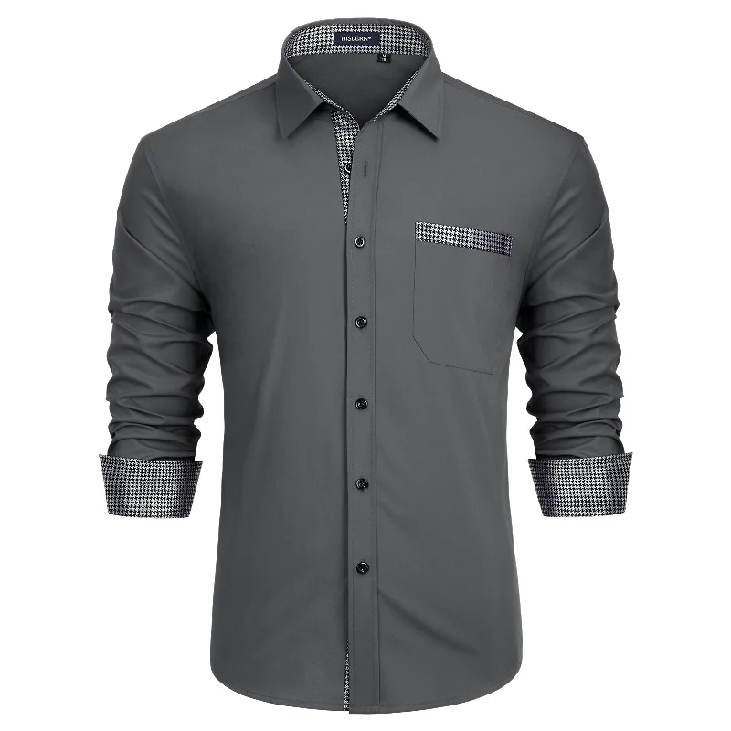 Men's French Cuff Dress Shirts in Charcoal Grey with Mother - of - Pearl Buttons for a Formal OccasionCasual Formal Shirt with Pocket - GREY Men's French Cuff Dress Shirts in Charcoal Grey with Mother - of - Pearl Buttons for a Formal OccasionCasual Formal Shirt with Pocket - GREY