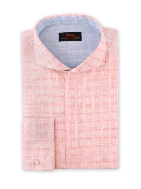 Men's Semi - Fitted Dress Shirts in Emerald Green with Mitered Cuffs for a Polished AppearanceStrié Check Dress Shirt | Peach | DA1902 Men's Semi - Fitted Dress Shirts in Emerald Green with Mitered Cuffs for a Polished AppearanceStrié Check Dress Shirt | Peach | DA1902