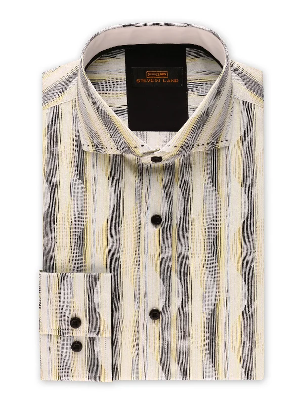 Men's Stretch Fabric Dress Shirts in Tan for a Comfortable and Flexible Fit All Day LongSteven Land | Linear Waves Dress Shirt | Yellow Men's Stretch Fabric Dress Shirts in Tan for a Comfortable and Flexible Fit All Day LongSteven Land | Linear Waves Dress Shirt | Yellow