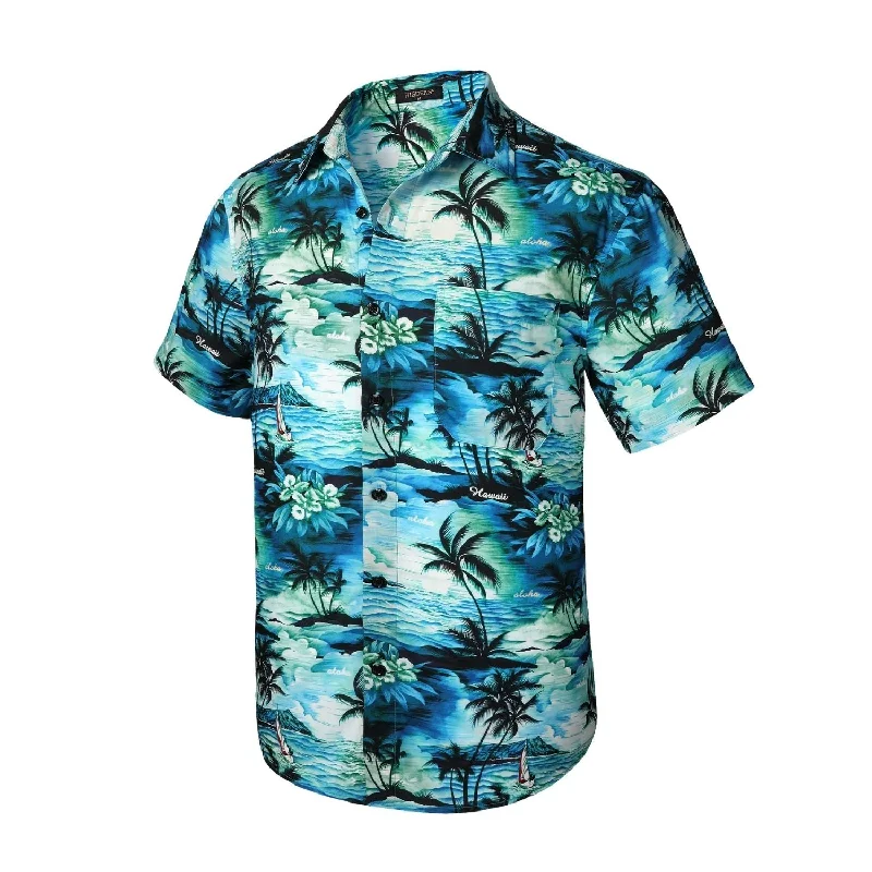 Men's Semi - Fitted Dress Shirts in Emerald Green with Mitered Cuffs for a Polished AppearanceFunky Hawaiian Shirts with Pocket - A3-TEAL BLUE Men's Semi - Fitted Dress Shirts in Emerald Green with Mitered Cuffs for a Polished AppearanceFunky Hawaiian Shirts with Pocket - A3-TEAL BLUE