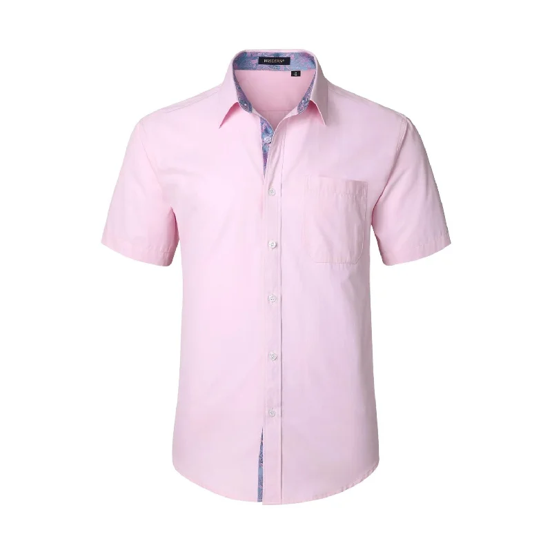 Men's Button - Down Collar Dress Shirts in Creamy Ivory for a Semi - Formal EventMen's Short Sleeve Shirt with Pocket - B1-PINK Men's Button - Down Collar Dress Shirts in Creamy Ivory for a Semi - Formal EventMen's Short Sleeve Shirt with Pocket - B1-PINK