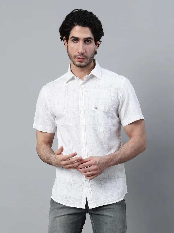Men's Embroidered Detail Casual Shirts in Beige for a Touch of EleganceMen's White Checkered Half Sleeve Casual Shirt Men's Embroidered Detail Casual Shirts in Beige for a Touch of EleganceMen's White Checkered Half Sleeve Casual Shirt