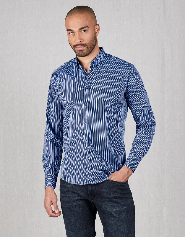 Men's Two - Tone Contrast Panel Casual Shirts in White and Navy for a Stylish and Eye - Catching DesignOhope Navy & Brown Stripe Shirt Men's Two - Tone Contrast Panel Casual Shirts in White and Navy for a Stylish and Eye - Catching DesignOhope Navy & Brown Stripe Shirt
