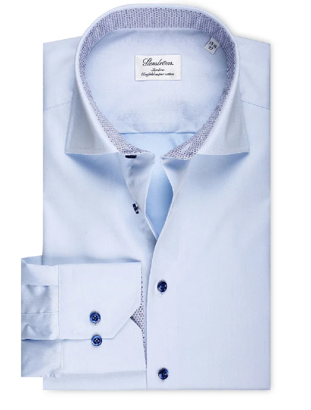 Plus Size Men's Striped Chambray Casual Shirts with a Spread Collar for a Preppy AppearanceBlue Contrast Button With Inlay Slim Fit Shirt Plus Size Men's Striped Chambray Casual Shirts with a Spread Collar for a Preppy AppearanceBlue Contrast Button With Inlay Slim Fit Shirt