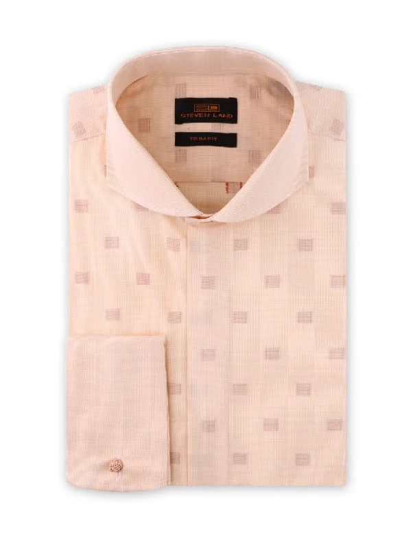 Men's Tailored Fit Linen Blend Dress Shirts in Beige for a Summer Wedding AttirePeach Cream Shadow Blocks Dress Shirt | Trim Fit | 100% Cotton | Cutaway Collar Men's Tailored Fit Linen Blend Dress Shirts in Beige for a Summer Wedding AttirePeach Cream Shadow Blocks Dress Shirt | Trim Fit | 100% Cotton | Cutaway Collar