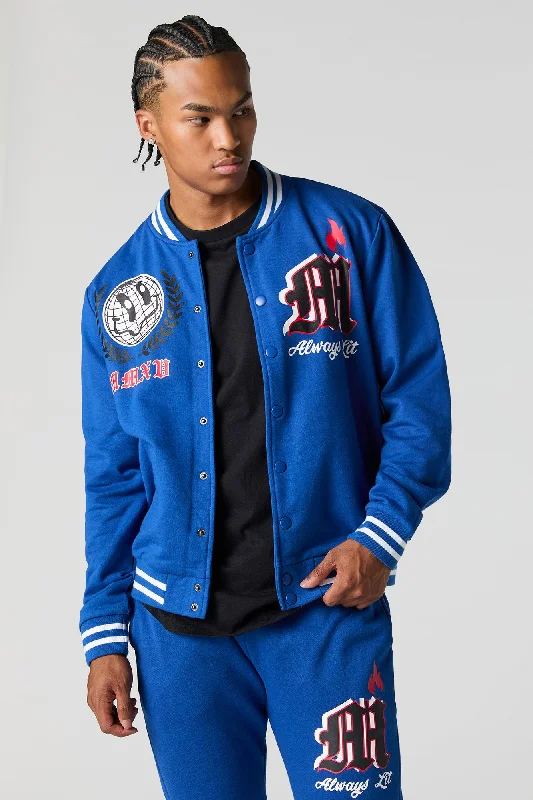 Slim - fit leather men jackets with a distressed finish for a rugged lookGraphic Fleece Varsity Jacket Slim - fit leather men jackets with a distressed finish for a rugged lookGraphic Fleece Varsity Jacket