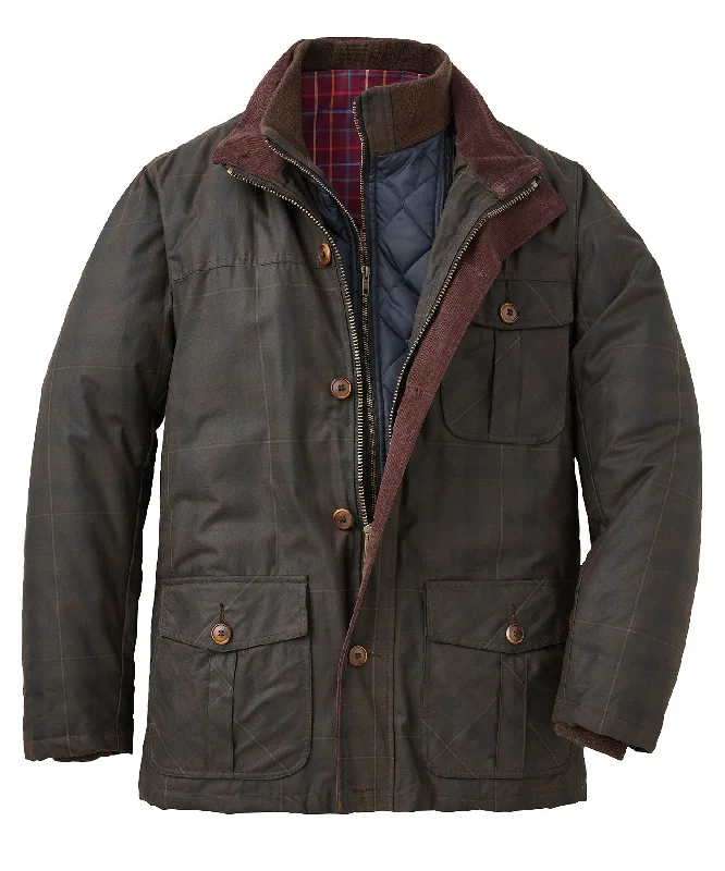 Men jackets with a hidden interior pocket for secure storageTonal Plaid Waxed Cotton Jacket With Removable Bib Men jackets with a hidden interior pocket for secure storageTonal Plaid Waxed Cotton Jacket With Removable Bib