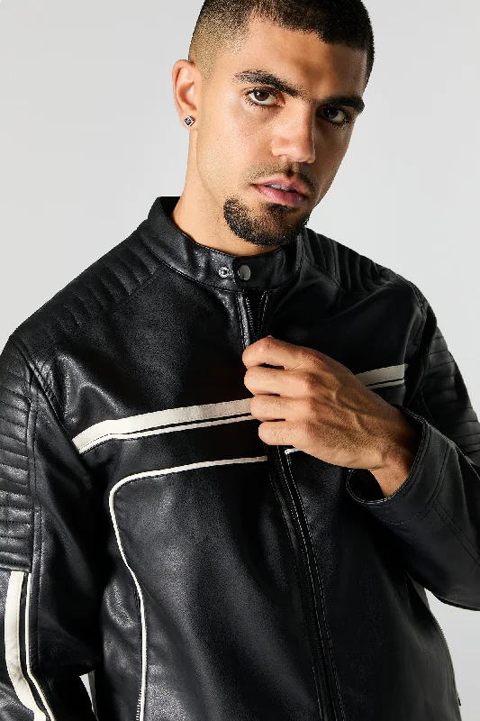Windbreaker men jackets with UV protection for outdoor activitiesFaux Leather Contrast Moto Jacket