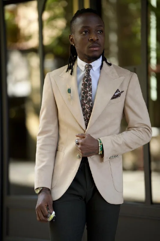 Men's Pin - Striped Wool - Blend Blazer in Navy and White for a Traditional Business AttireAmber Beige Slim Fit Peak Lapel Blazer Men's Pin - Striped Wool - Blend Blazer in Navy and White for a Traditional Business AttireAmber Beige Slim Fit Peak Lapel Blazer