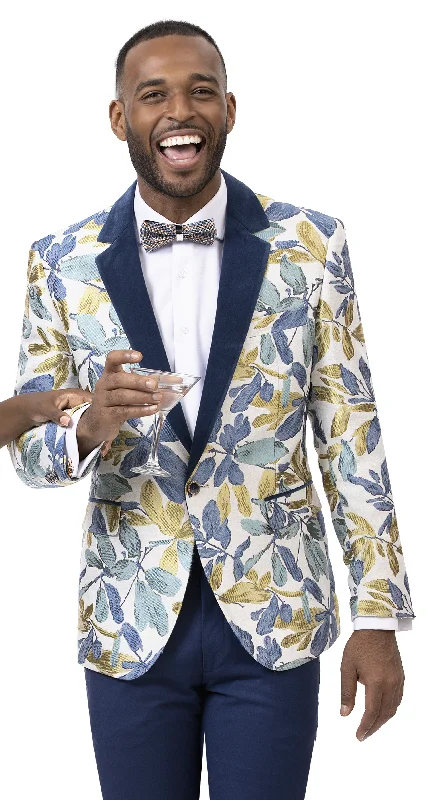 Men's Patterned Checkered Cotton Blazer in Multicolor for a Stylish and Trendy AppearanceBlue Floral Print Fashion Blazer-Soprano J119 Men's Patterned Checkered Cotton Blazer in Multicolor for a Stylish and Trendy AppearanceBlue Floral Print Fashion Blazer-Soprano J119