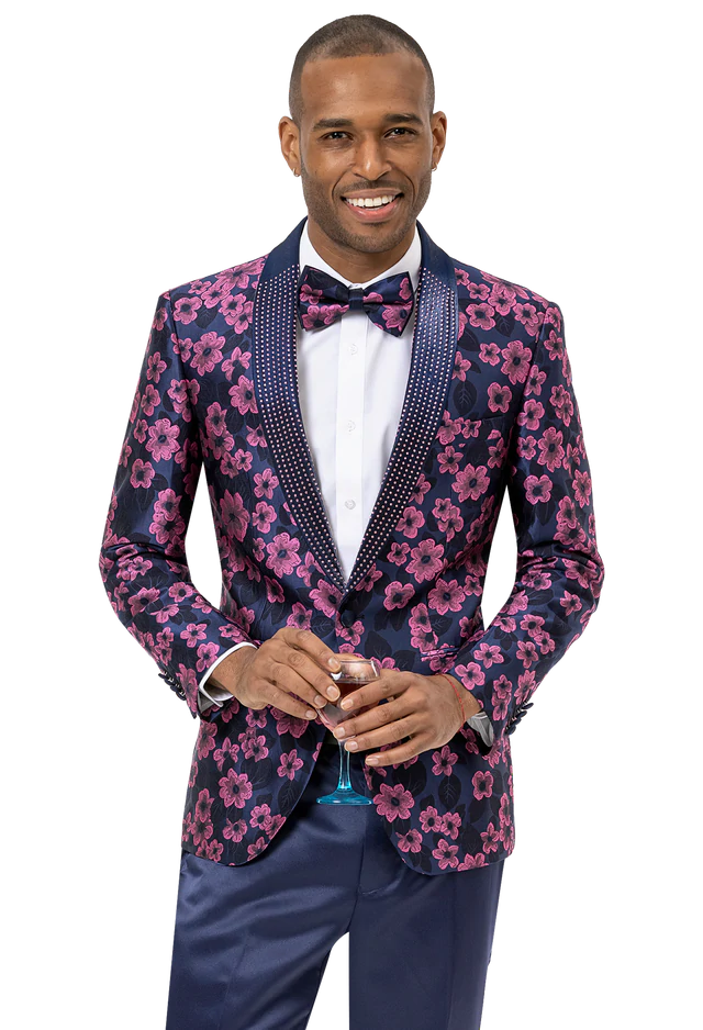 Men's Pin - Striped Wool - Blend Blazer in Navy and White for a Traditional Business AttireBlue & Pink Floral Print Fashion Blazer J156 Men's Pin - Striped Wool - Blend Blazer in Navy and White for a Traditional Business AttireBlue & Pink Floral Print Fashion Blazer J156
