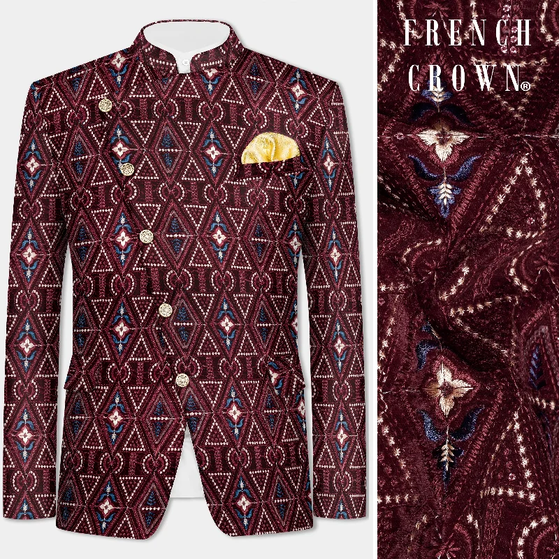 Slim Fit Men's Navy Blue Wool Blazer for a Classic and Professional LookCastro Maroon Geometric Thread and Sequin Embroidered Cross Placket Bandhgala Jodhpuri Slim Fit Men's Navy Blue Wool Blazer for a Classic and Professional LookCastro Maroon Geometric Thread and Sequin Embroidered Cross Placket Bandhgala Jodhpuri
